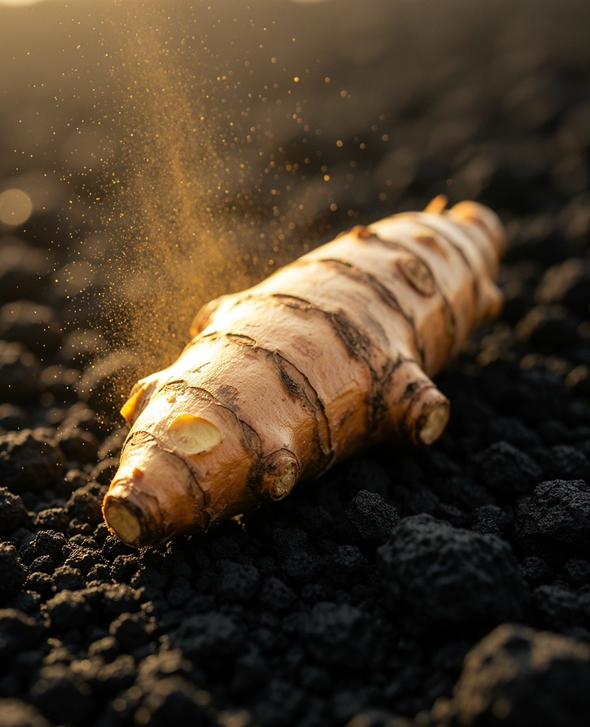 Macro of raw botanical turmeric root